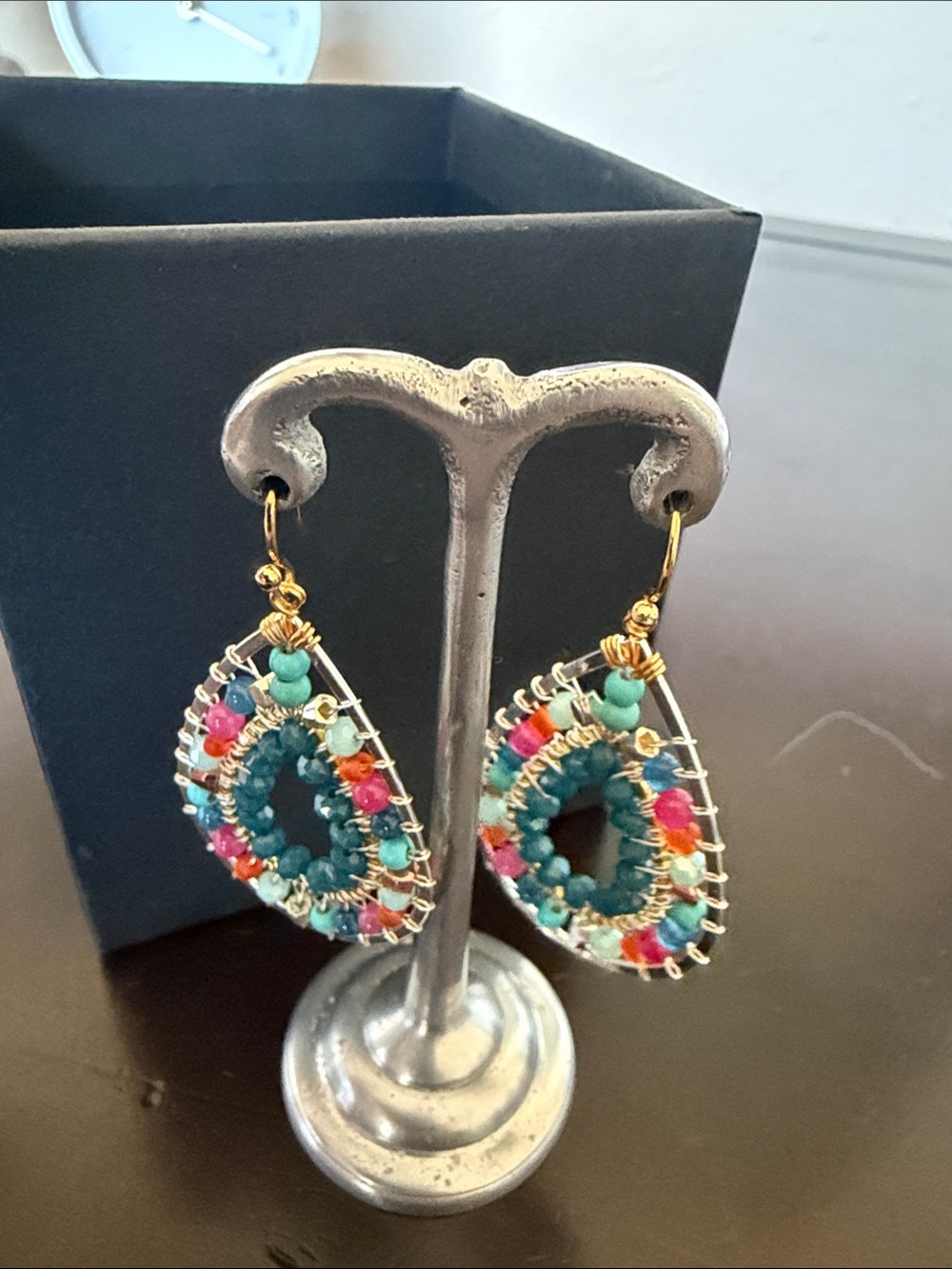 Nakamol Gold Teardrop Earrings with Turquoise, Pink & Blue Beads